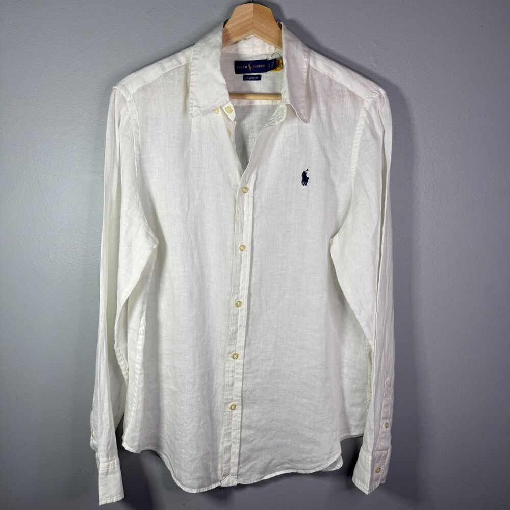 Polo Ralph Lauren Classic Fit 100% Linen White Long Sleeve Shirt Large Coastal
